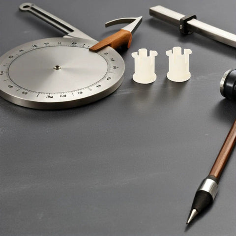 Thirty Piece White Plastic Furniture Caster Socket Inserts on a workspace with a protractor and drafting tools.