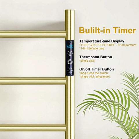 4 Bar Brushed Gold Heated Towel Warmer Rack With Built-In Timer, stainless steel wall-mounted with LED display and controls.