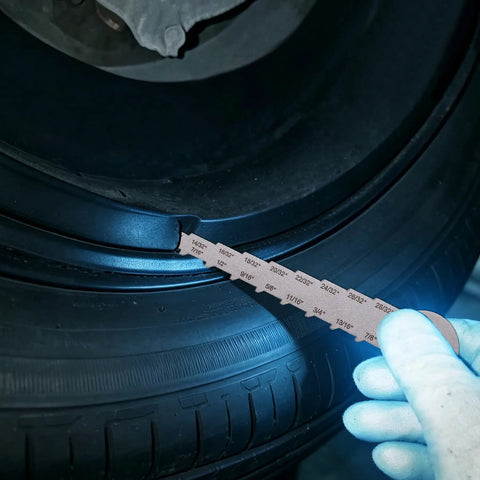 Workhorse Stainless Steel Brake Pad Thickness Gauge And Drum Wear Measurement Tool measuring brake pad depth near tire.