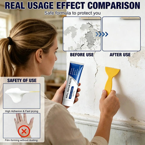 Woman using Drywall Repair Kit For Diyers With Patch Paste, Scraper, Sandpaper, And Patches To Fix Nail Holes, Cracks on wall.
