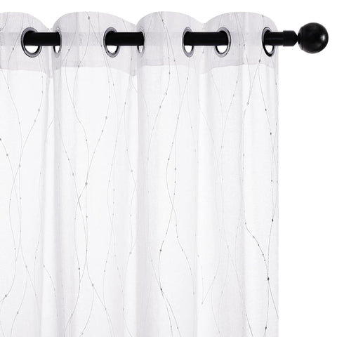 Oeko-Tex Certified Sheer Foil Print Curtains 2 Panels With Grommet Top Light Filtering Drapes For Living Room And Bedroom White And Silver 52W X 63L Inches Easy Care Adds Airy Privacy And Subtle Shine