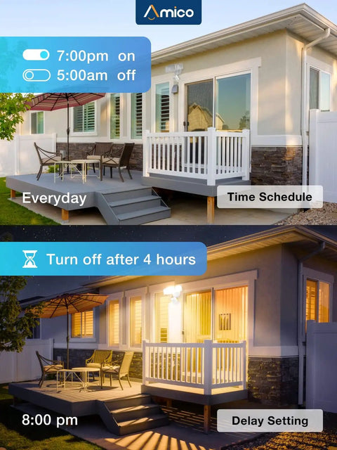 Smart Outdoor LED Flood Light With Motion Sensor, 40W, 4000LM, porch lighting at 7pm and 8pm, WiFi app controlled, house exterior