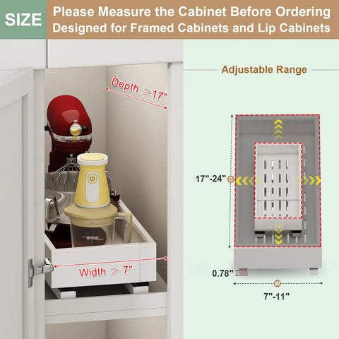 Total Game Changer Expandable Pull Out Cabinet Organizer With Heavy Duty Adhesive Backing For Deep Kitchen Drawers showing dimensions and use in cabinet.