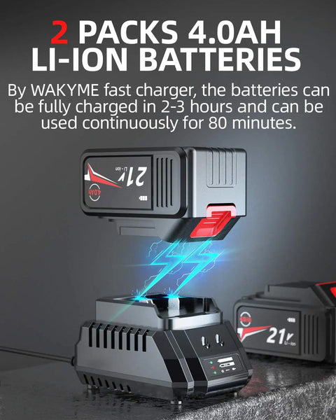 WAKYME 21V 4.0Ah lithium-ion batteries charging with fast charger, two battery packs visible