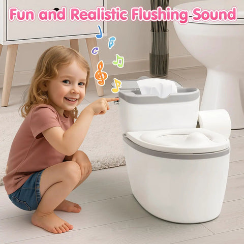 Tot Sized Three In One Potty Training Toilet With Realistic Flush Sounds And Removable Seat That Doubles As A Comfy Stool, toddler engaging with flush sounds.