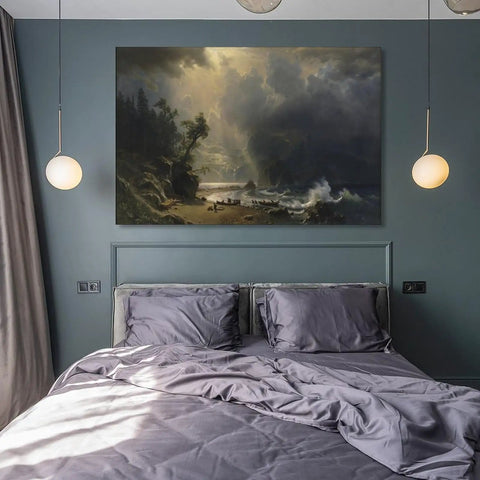 Dope Vintage Canvas Wall Art Featuring Puget Sound On The Pacific Coast By Albert Bierstadt Lit Landscape Print mounted above a bed in a modern bedroom.