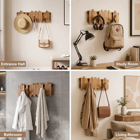Premium Acacia Wood Wall Mounted Coat Rack With Eight Retractable Hooks in four room setups including Entryway, Study, Bathroom, and Living Room.