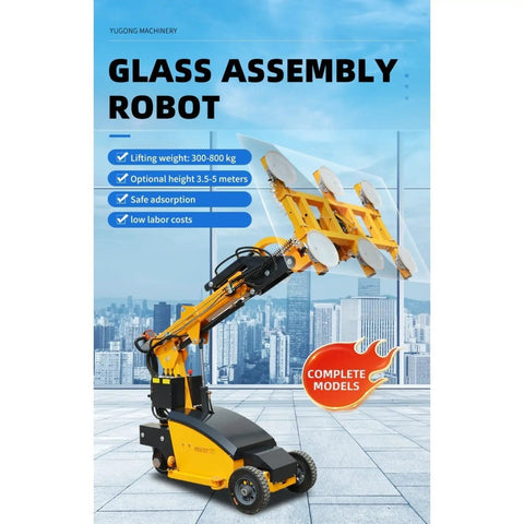 Heavy Duty Electric Glass Suction Lifter With Wireless Remote And Rock Solid Vacuum Grip Robot lifting a large glass panel in an urban setting.