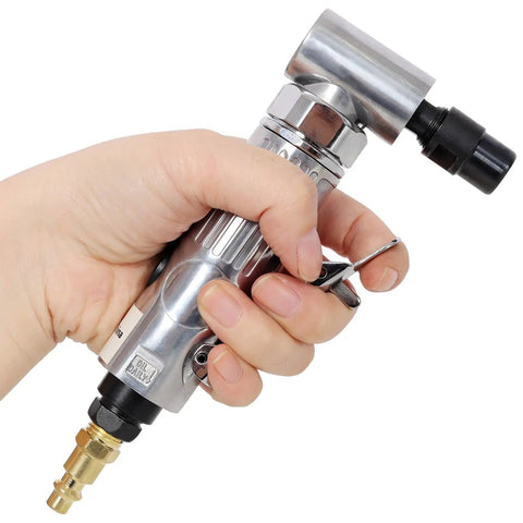 Heavy Duty 90 Degree Air Die Grinder, Right Angle Pneumatic Tool With Adjustable Head held in hand, showcasing its compact design.