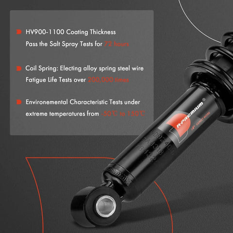 Close-up of rear towing shocks absorbers with coil spring load adjustable system, durability features highlighted.