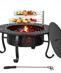 36 Inch Fire Pit Table With 2 Adjustable Grills Wood Burning Outdoor Fire Pit With Lid And Poker 3 In 1 BBQ Grill