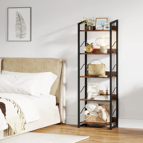 Five Tier Tall Bookshelf Featuring Rustic Brown Wood Panels And Sturdy Metal Frame Narrow Storage Organizer Perfect For Living Room Or Home Office in a bedroom setting