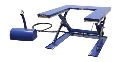 Heavy Duty Electric U Shaped Pallet Lift Table, 3000 Lb Capacity, Blue Powder Coated Steel Frame in use with control panel.