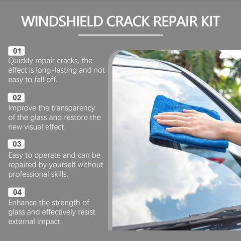 Hand using cloth on windshield with Windshield Crack Repair Kit 2026 Upgraded Nano Resin Formula, glass repair instructions.