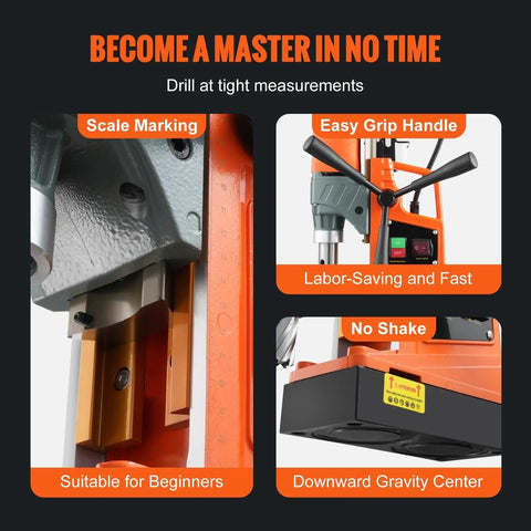 Heavy Duty Boss Grade Magnetic Drill 1450W Variable Speed features scale markings, easy grip handle, and stable base for precision work.