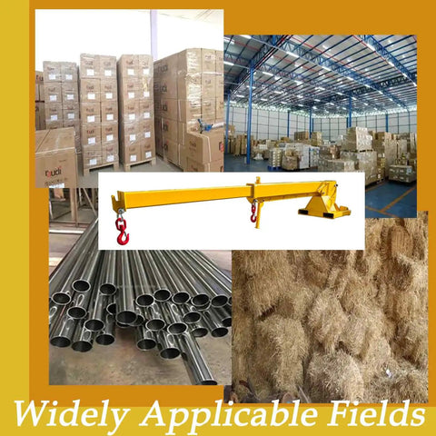 Built Like A Tank 6600 Lb Forklift Telescopic Jib Boom With Zero To Seventy Five Degree Adjustable Tilt featuring a yellow steel frame in a warehouse setting.