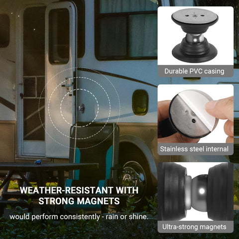 Magnetic RV Door Catch and Holder Kit for Raised Baggage Doors, Black Finish, installed on RV with durable PVC casing