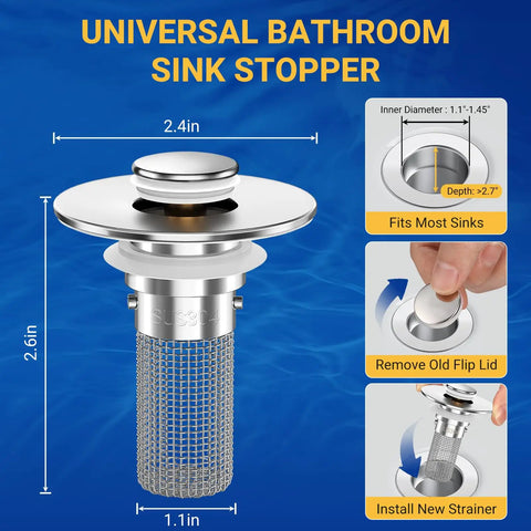 Heavy Duty Bathroom Sink Drain Strainer And Pop Up Stopper With Removable Stainless Steel Hair Catcher Basket Universal Fit For US Fixtures, 2.4in diameter