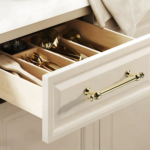 Open kitchen drawer with 10 Pack Retro Polished Gold Cabinet Handles 3 Inch 76mm Kitchen Cabinet Pulls Drawer Pulls on white front