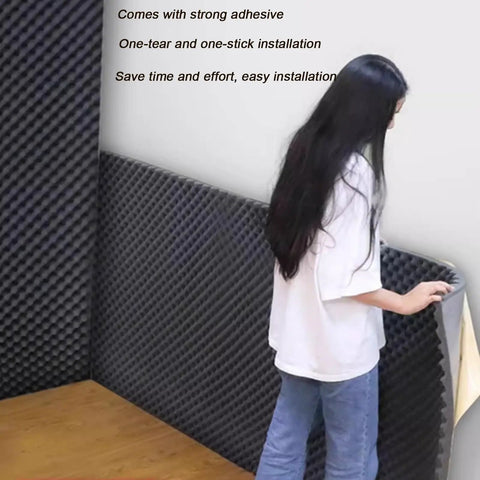 XILYZMO 2.76 Inch Thick Self-Adhesive Acoustic Foam Panel, 39 x 1969 Inch being installed on a wall, showing ease of use, Grey.