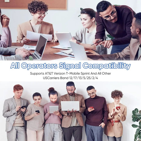 Heavy Duty Cell Phone Signal Booster With Two Indoor Dome Antennas For Buildings Up To 12000 Sq Ft compatible with all US carriers, group at table discussing.