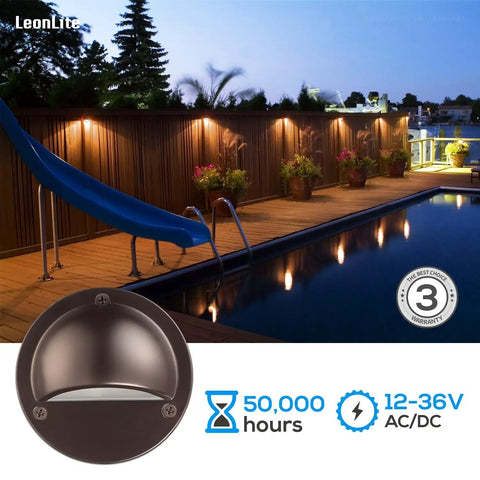 Low Voltage LED Deck Lights Set For Outdoors, 170 Lumen 4.09 Inch Landscape Step Rail Fence Lighting beside a pool
