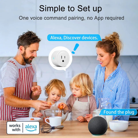 Family setting up Alexa Only Smart Plug Duo with Echo device on table