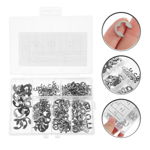 300 Piece Stainless Steel E Shaped Retaining Ring Kit With Storage Case, showcasing snap rings in compartmentalized box