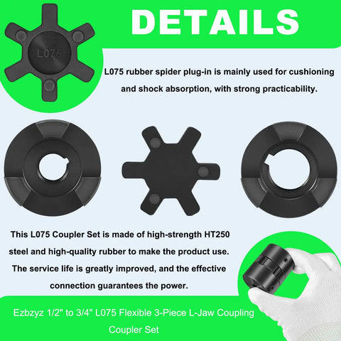 Flexible Three Piece L Claw Coupling Kit With Half Inch To Three Quarter Inch Bore Nitrile Rubber Spider Inserts