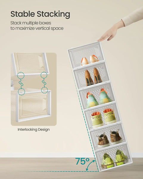 Clear Plastic Sneaker Boxes With Front Access Doors Transparent Shoe Storage Containers Pack Of 12 stacked to maximize closet space.