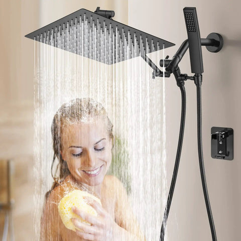 All Metal Dual Shower Head Combo With 12 Inch Rainfall Shower Head And Handheld, Matte Black Finish, in use, water flowing