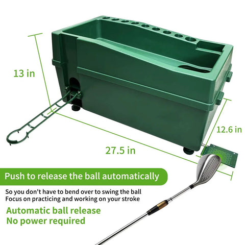 Automatic Golf Tee Machine for Indoor Simulators and Driving Ranges No Fuss Ball Dispensing, green unit with size dimensions.