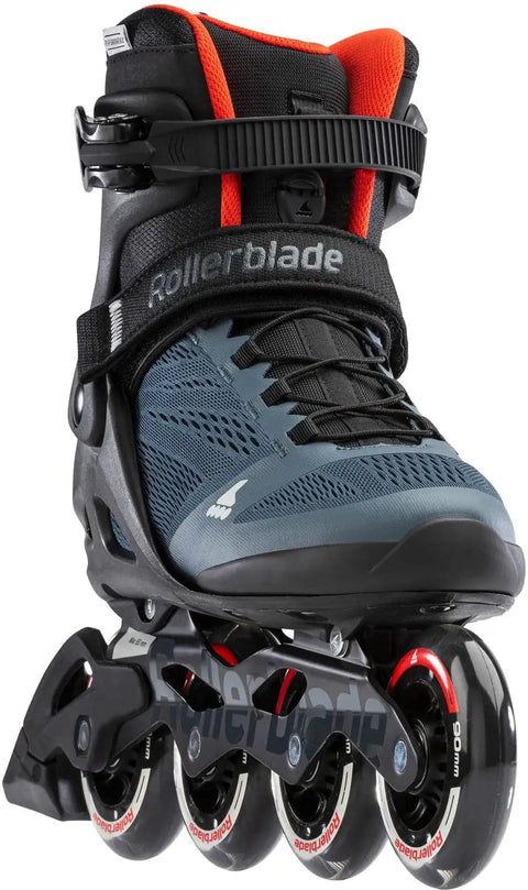 Macroblade 90 Fitness Inline Skates For Men With High Cuff Lateral Support For Stability While Training And Skating Faster Orion Blue Spicy Orange Performance Inline Skates For Speed Endurance And Everyday Cruising showing side view with 90mm wheels.