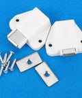 8 Pack Strong Magnetic Door Catch Kit For Cabinets And Cupboards, Suction Latch, screws, and plates on blue background