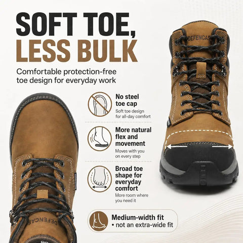 Men's Six Inch Waterproof Work Boots Featuring Soft Toe Comfort And Slip Resistant Tread Engineered For Long Haul Shifts And Muddy Trade Sites Built Tough For The Daily Hustle, showing soft toe design and medium-width fit.