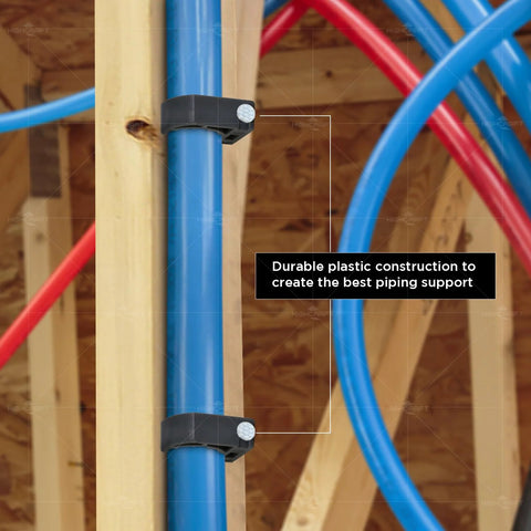 Two black Highcraft half clamps with nails for 1/2 in PEX tubing, mounted on blue pipe