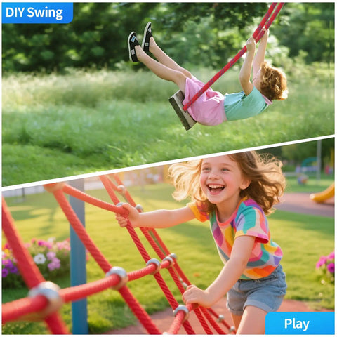 Two kids playing: girl swinging on a DIY swing and another climbing on a rope structure in a vibrant playground.
