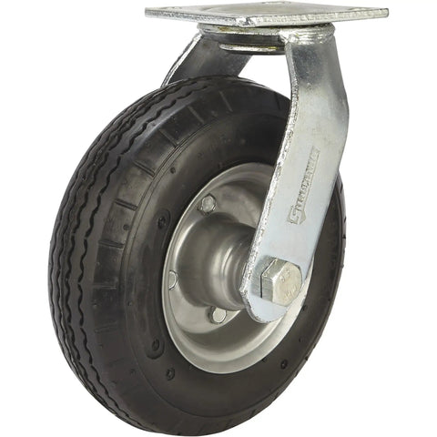 Badass 8 Inch Swivel Caster Wheel With Flat Free Rubber Foam Core And Deep Sawtooth Tread Built Tough For Heavy Utility Gear Rolling Smooth Up To 250 Lb Capacity, showcasing metal plate and rubber tire.