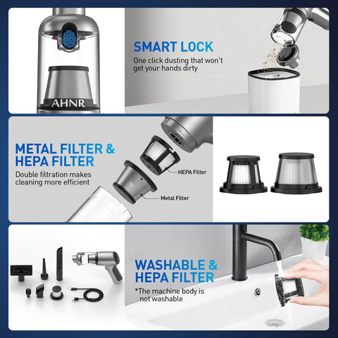 Detailed view of the Cordless Car Vacuum With 20000Pa High Power Suction, showcasing filters and smart lock features.