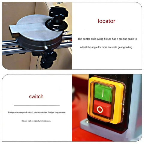 No Drama Electric Saw Blade Sharpener For Carbide Tipped Blades With Five Inch Grinding Wheel and Water Spray System showing locator and switch features.