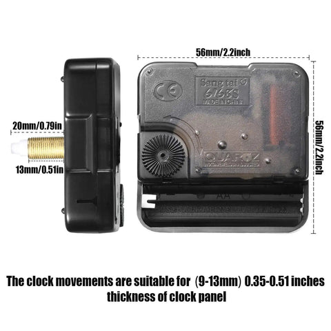 Quartz Clock Mechanism Replacement Kit with 20 mm movements, side and front view, including dimensions for 12 inch clocks