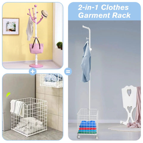 Smooth Rolling Garment Rack With Heavy Duty Hooks And Metal Basket, versatile 2-in-1 white organizer with roller wheels.