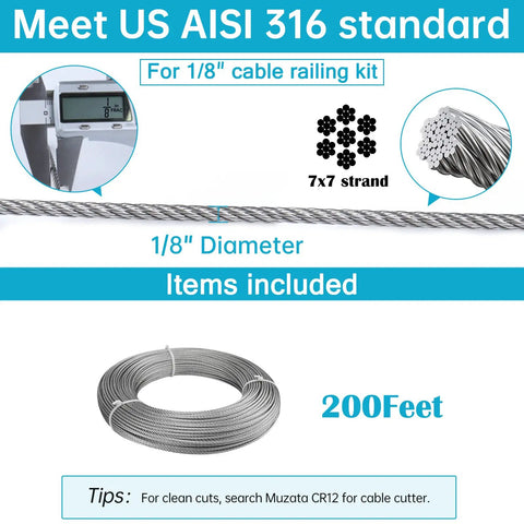500 Foot One Eighth Inch T316 Stainless Steel Cable For Indoor Outdoor Deck Railings, 7X7 Wire Rope, 1800 Lb Breaking Strength