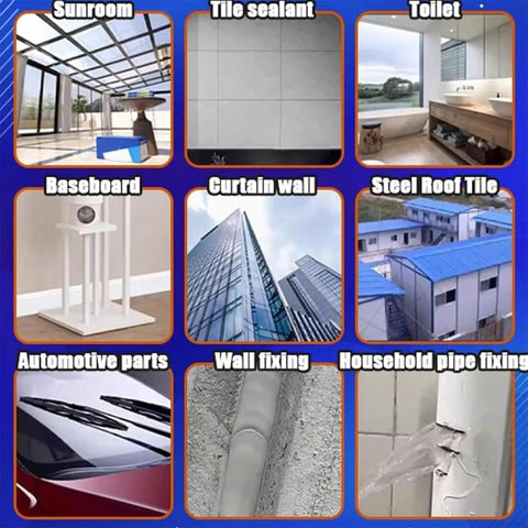 Tough As Nails Heavy Duty Waterproof Sealant Polymer Bonding Adhesive shown in various applications like tile sealing and plumbing.