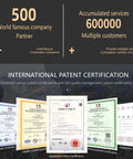 International Patent Certification display with various seals showing quality and health certifications, and total service counts