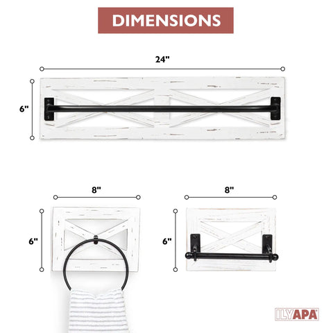 Dimensions of Rustic Towel Bar And Toilet Paper Holder Set With Towel Ring For Bathroom, Wall Mounted Rack In White Wood And Black Metal.