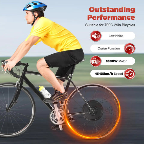 Cyclist on road bike with 48V 1000W Electric Bike Conversion Kit For 28 Inch To 29 Inch Rear Wheel With Hub Motor LCD Display and More
