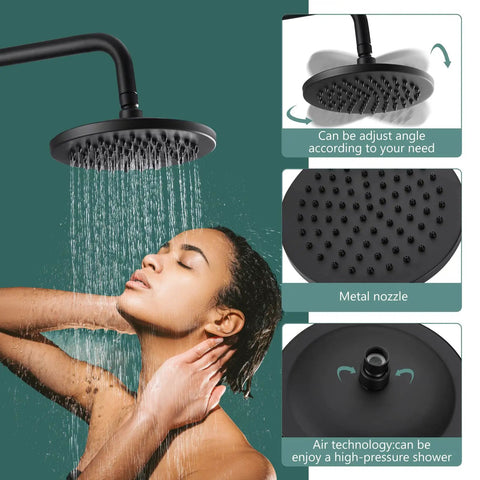 Exposed Pipe Shower System With 8 Inch Rainfall Head, Brass Fixture, Matte Black Finish waterfall effect over person