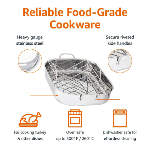 Heavy Gauge Stainless Steel Rectangular Roasting Pan With V Shape Rack Big Bird Turkey Roaster Oven Safe Dishwasher Ready 16 Inch, showing handles and rack.