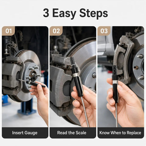 Heavy Duty Brake Pad Thickness Gauge With Slim Probe For Quick No Wheel Removal Checks Precise Millimeter Scale in use